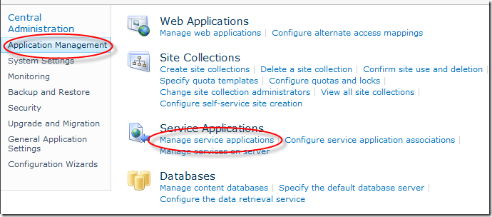 Application Management > Manage Service Applications