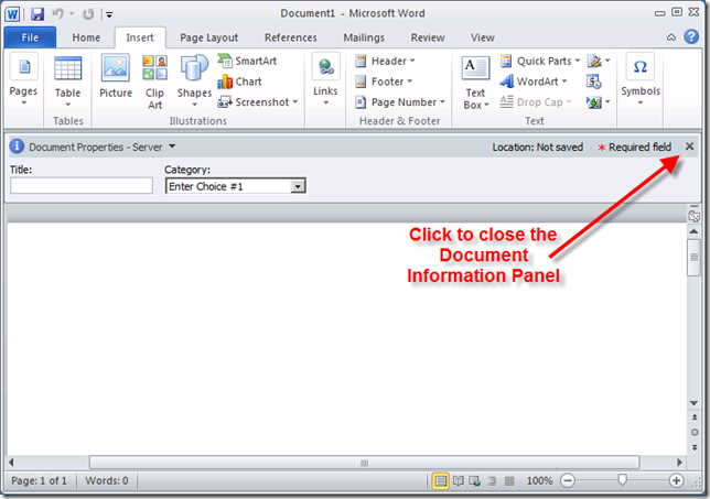 Close the Document Information Panel in Microsoft Word