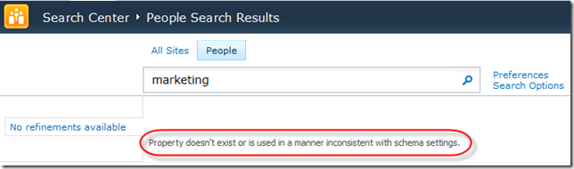 Error in People Search Core Results Web Part: Property doesn't exist or is used in a manner inconsistent with schema settings. 