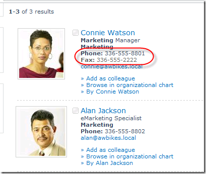 Search results showing both work number and fax number with labels