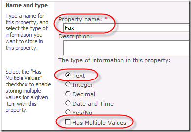 New Managed Property settings: Property Name and type