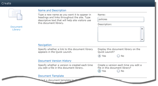 SharePoint Create Library dialog box