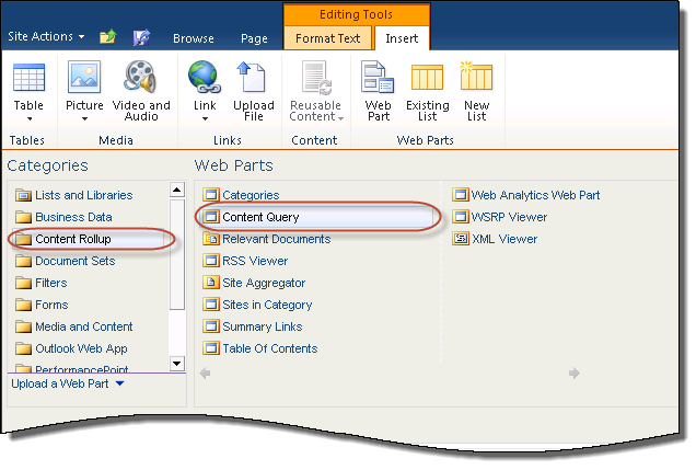 Adding the Content Query Web Part to a SharePoint page