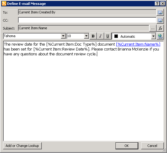 SharePoint Designer Workflow Email dialog box