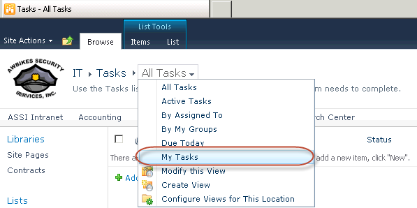 My Tasks view in a SharePoint Tasks list